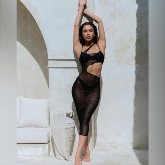 Riot Swim Mila Black Sheer Mesh Cut Out Sexy Cover Up Dress Large NWT - Picture 3 of 6